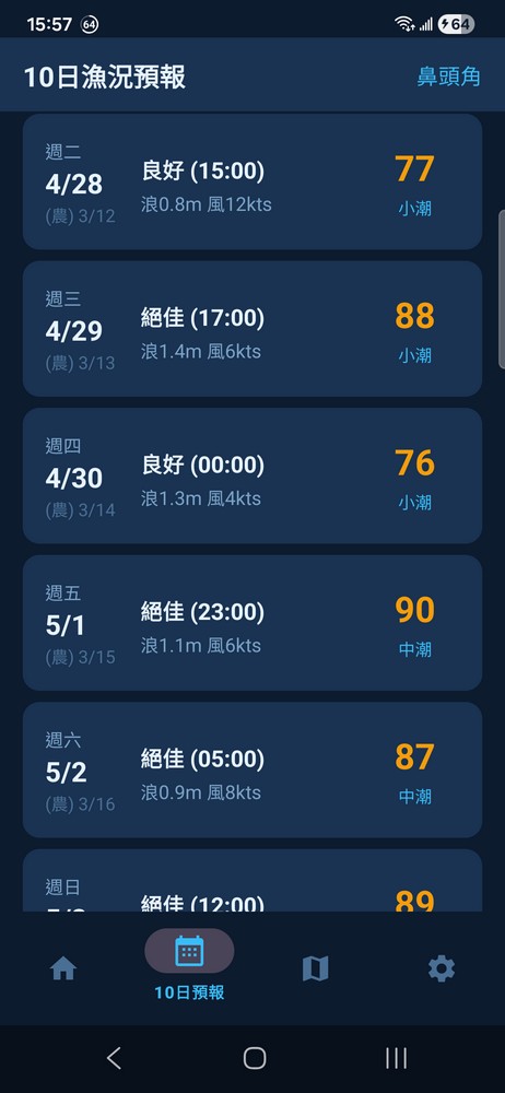 10日漁況趨勢預報日曆 - 每日分數與最佳作釣時間列表